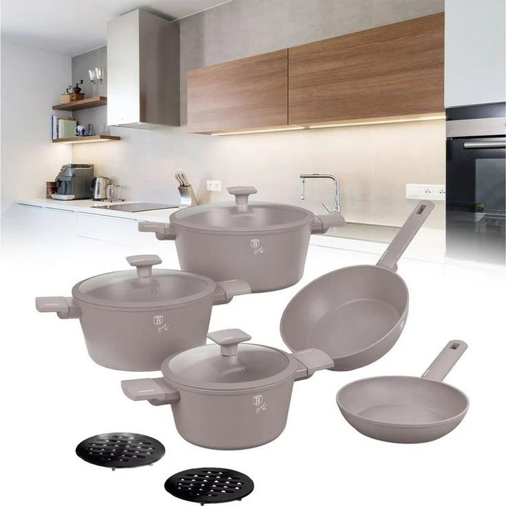 BerlingerHaus Topf-Set Premium Alu Kochset 10-teilig, Titan-Antihaft, Induktion, matt Taupe, (10-tlg), 10-teiliges Alutopf-Set mit Titan-Beschichtung & Siebdeckeln in Taupe – Bild 2