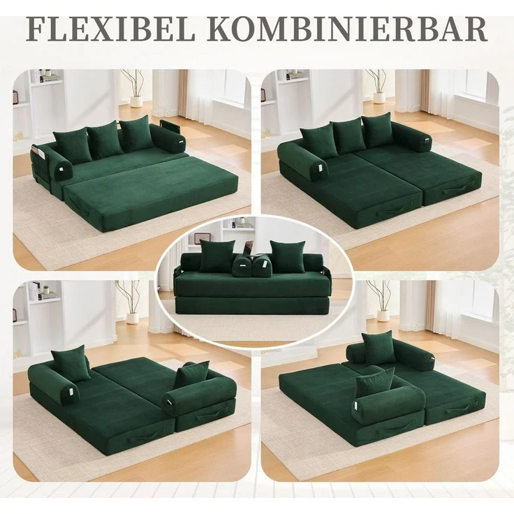 LVHOM Loungesofa faltbar mit Schlaffunktion, Stabil-/abnehmbarer Außenrahmen aus Metall, frei kombinierbar, Liege- oder Klappsofa, 3 Kissen, Hochelastischer Schaumstoff, weicher Cordstoff, Praktische Seitentaschen zur Aufbewahrung, Ideal für flexible R... – Bild 3