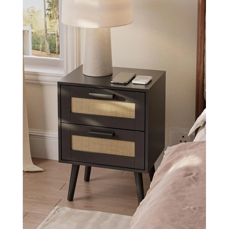 Rattan Nachttisch mit Schublade Beistelltisch Holzbeine Schlafzimmer Wohnzimmer – Bild 3
