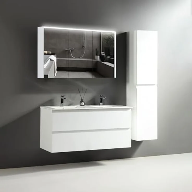 Alpenberger Badezimmer-Set Badezimmer Möbel Badschrank - Doppelwaschbecken mit Unterschrank, (Moderner Waschplatz, Keramik Waschbecken mit Überlauf), Doppelwaschtisch 120 cm Breit – Weiß Glänzend – Bild 5