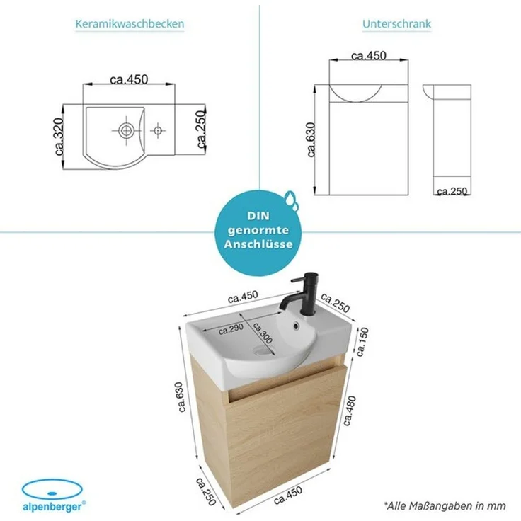 Alpenberger Badmöbel-Set Gäste WC Waschbecken mit Unterschrank - Hängeschrank Vormontiert, (Badschrank 2-tlg, Waschtisch hängend), Waschbeckenunterschrank mit Softclose – Bild 4
