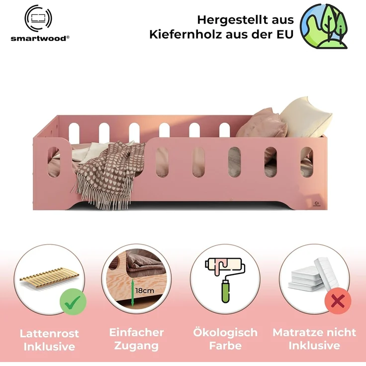 smartwood Kinderbett Bodenbett 140x180 mit Rausfallschutz & Lattenrost - Rosa - Kinder Montessori Bett TILA 2L mit glatten Kanten - Betten für schnelle Montage - Bis 300 kg belastbar – Bild 3