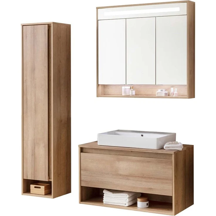 Fackelmann NATURA Badmöbel Set 4-teilig, 94 cm, Braun hell + Spiegelschrank + Hochschrank links – Bild 2