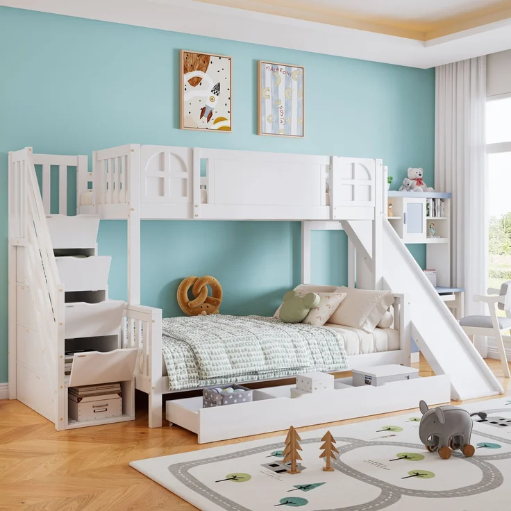Merax 90x200cm Etagenbett, Kinderbett Mit Fenster, Mit Kinderrutsche, Schubladen mit Rollen, Treppen mit Handlauf, Mit 4 Schließfächer in der Treppe, Weiß – Bild 2