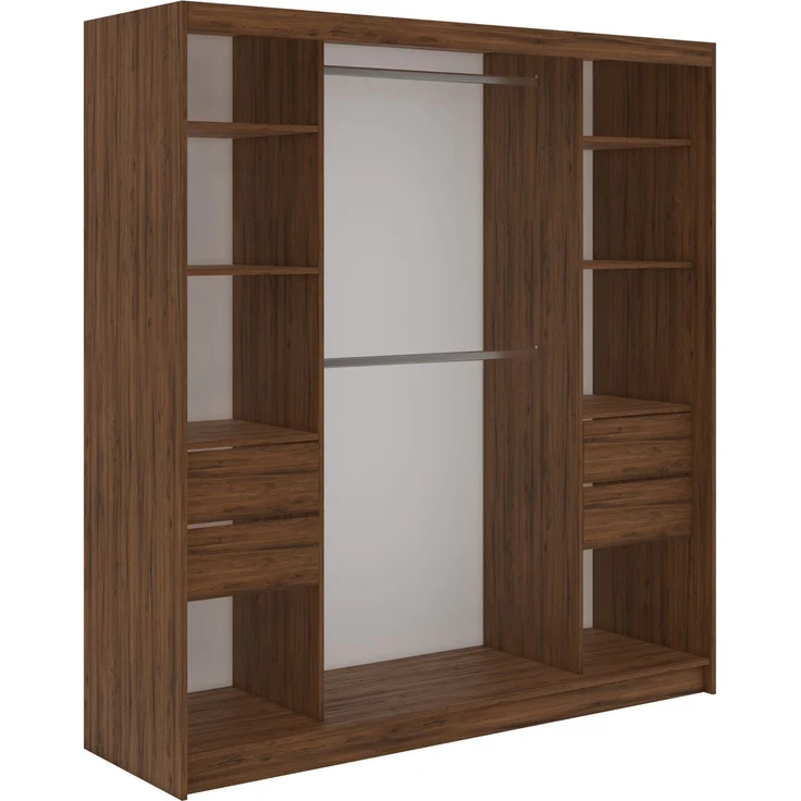 Kleiderschrank LAOS 200 cm Schiebetürenschrank Warmia-Nuss mit Akustikpaneel-Design (Lamellen) Schwarz & Spiegel, Inkl. Innenausstattung - mit Schubladen – Bild 5