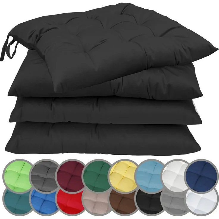 NatureMark 4er Set Stuhlkissen mit Bändern Gr. 40x40 cm Sitzkissen gefüllt, Schwarz