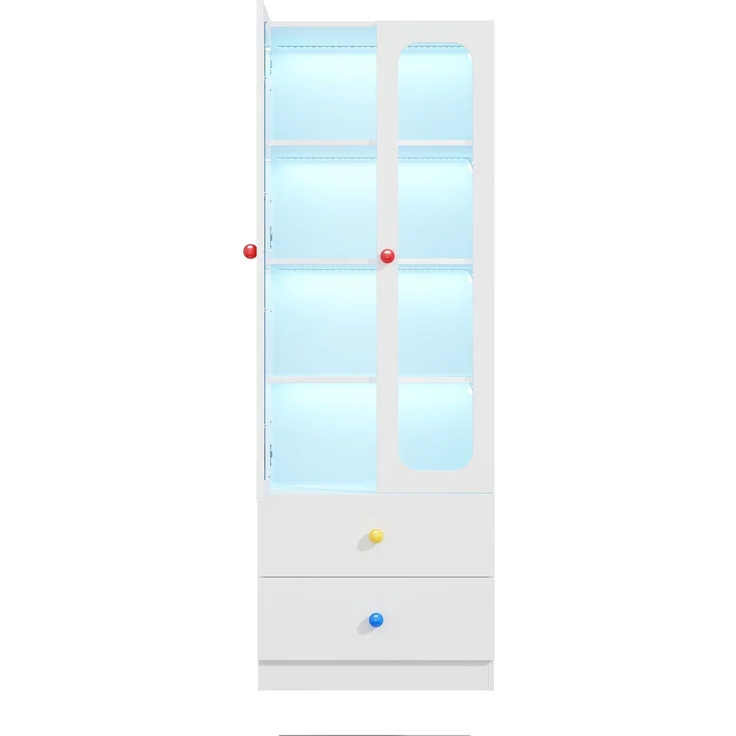 ZUBALIYA Glasvitrine, Aktenschrank, Sammelfiguren-Vitrine, 4 Ebenen Spielzeugschrank mit 2 Schubladen, RGB-LED-Beleuchtung per App steuerbar, Kindermöbel, bunte kugelförmige Keramikgriffe, weiß, 60x35x170 cm – Bild 9