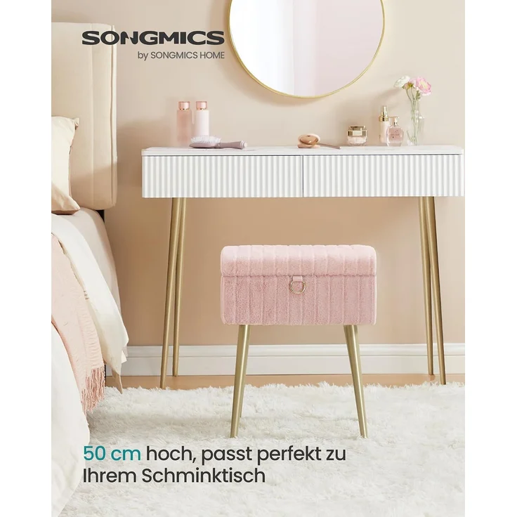 SONGMICS Schminktisch-Stuhl, Hocker mit Stauraum, Schminkhocker, Fußhocker, Metallbeine, gepolstert, verstellbare Füße, Wohnzimmer, Schlafzimmer, Ankleidezimmer, pastellrosa – Bild 3