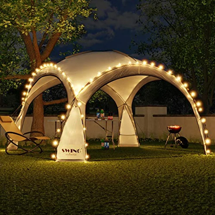Swing & Harmonie LED Event Pavillon DomeShelter 3,6 x 3,6m mit Solarmodul und 96 LEDs, anthrazit, wasserabweisend, UV-beständig, inkl. Moskito-Netzseitenwände – Bild 1