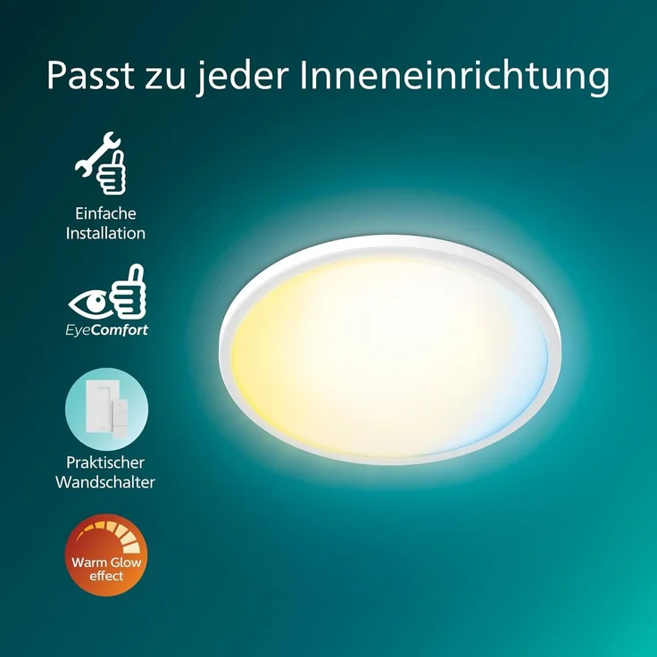 Philips Superslim Deckenleuchte inkl. Fernbedienung, 5 voreingestellte Lichtszenen, stufenloses Dimmen bis zu 1%, einfache Steuerung& Installation, schlankes Design, 29,1 cm, 16 W, rund, weiß – Bild 3
