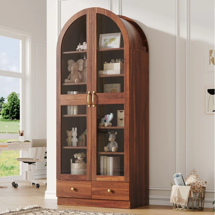 Vitrine aus MDF und Glas mit Bogenprofil und 2 Schubladen, 76x40x180 cm, Nussbaum-Optik – Bild 3