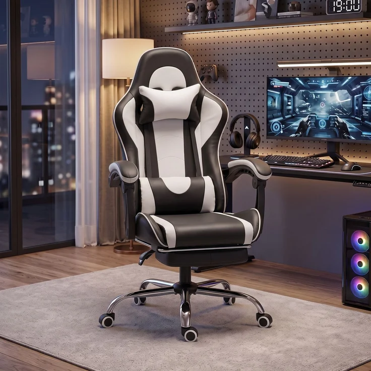 Ergonomischer Massage-Gaming-Stuhl mit verstellbarem Lendenkissen, 67.0×60.0×131.0cm, Weiß, MELAYR – Bild 3
