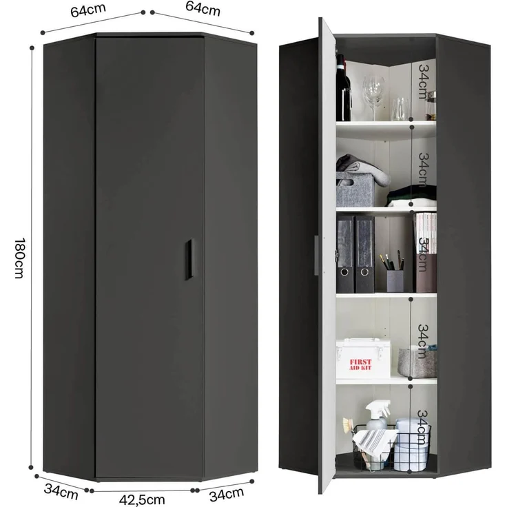 mokebo® Eckschrank in Grau BZW. Schwarz Matt aus Holz 'Der Lange' moderner Mehrzweckschrank für Flur, Schlafzimmer und Wohnzimmer, Schrank & Haushaltsschrank | 64 x 180 x 64 (B/H/T in cm) | Anthrazit – Bild 3
