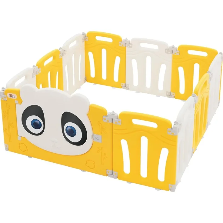 Joyz Laufstall Baby 120×120 cm, Laufgitter faltbar, Panda-Design, Weiß-Gelb, Absperrgitter mit Tür und Lernuhr, Playpen aus Kunststoff, Babyzaun, Kinderlaufstall Innen/Außen, Krabbelgitter für Kinder