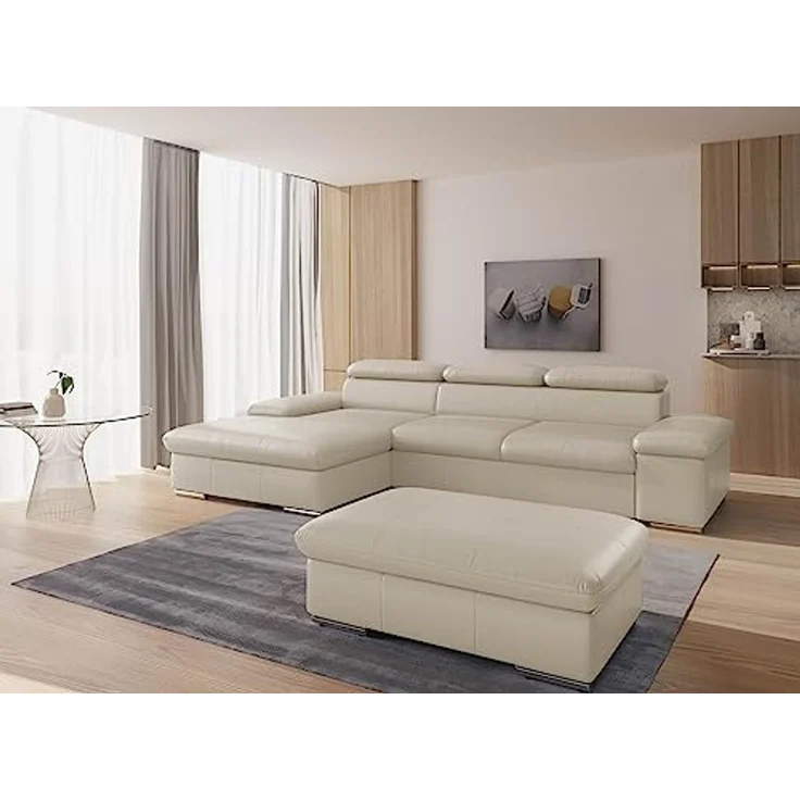 CAVADORE Echtleder-Eckcouch Valerie mit XL-Longchair / Ecksofa mit Kopfteilverstellung, großem Longchair + Metallfüßen / 286 x 73 x 174 / Leder Weiß – Bild 2