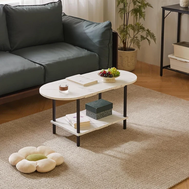 Couchtisch Aibiju Holzbeine 2-Stufiger Stauraum Weiß Schwarz YD-011M – Bild 6