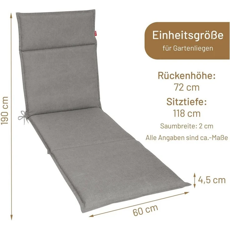 Herlag Liegenauflage Bea, Liegepolster Gartenliege 190 x 60 x 4,5 cm Wasserabweisend Grau – Bild 2