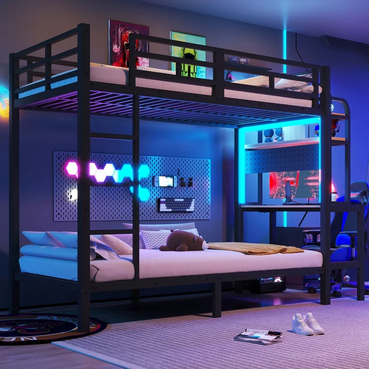 Etagenbett, 90x200 cm, Eisenrahmen, Ablagefach, Schreibtisch, mit LED-Lichtleiste, USB-Anschluss, Sicherheitsgeländer, Leiter, ohne Matratze, schwarz – Bild 2