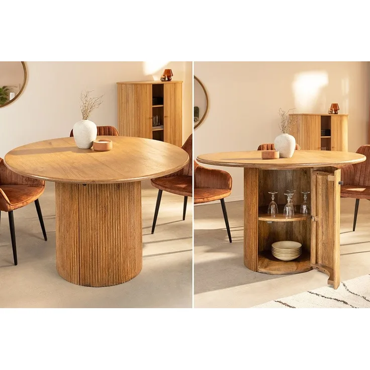 riess-ambiente Esstisch TRES CHIC Ø120cm braun Mangoholz – rund, Säule, mit Stauraum & Ablage (Einzelartikel, 1-St), Massivholz Design, rustikaler Stil, runder Tisch, Stauraum im Fuß