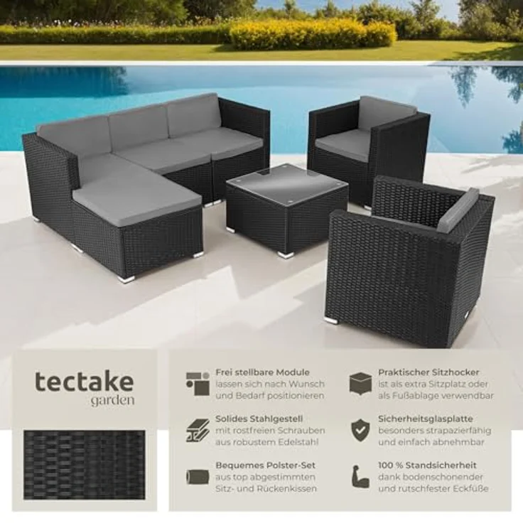 tectake® Poly Rattan Lounge, Outdoor Sitzgruppe, Set mit Sofa, 2 Sesseln, Hocker, Tisch, frei kombinierbar, Gartenmöbel für 5-6 Personen, für Garten Terrasse Balkon, inkl. Polster - schwarz – Bild 3