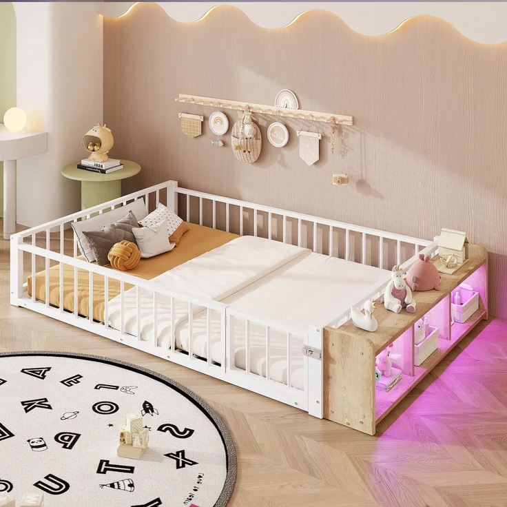 Kinderbett mit LED-Streifen, Regal, Zaun, Lattenrost und Tür, 140x200 cm, Einzelbett mit Rausfallschutz, Metallbett – Bild 1