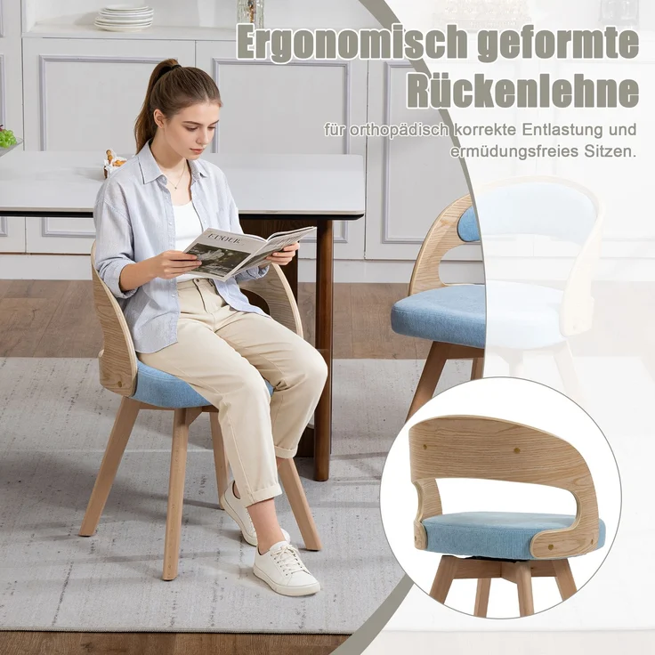 LVHOM Esszimmerstuhl 360° drehbar, 2er Set, Polsterstuhl aus Leinen und Massivholz, Küchenstuhl gepolstert, ergonomischer Schalenstuhl mit Armlehne, bis 150 kg – Bild 7