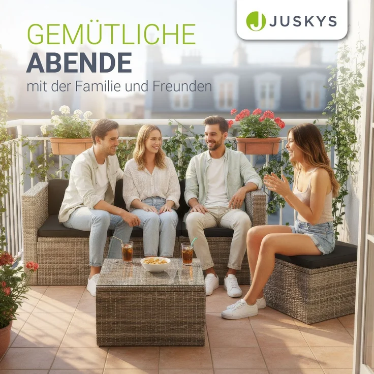 Juskys Polyrattan Lounge Punta Cana M grau-meliert inkl. Abdeckung – Gartenlounge für 3-4 Personen – Sitzgruppe mit Sofa, Tisch & Hocker - Sitzbezüge Dunkelgrau – Bild 7