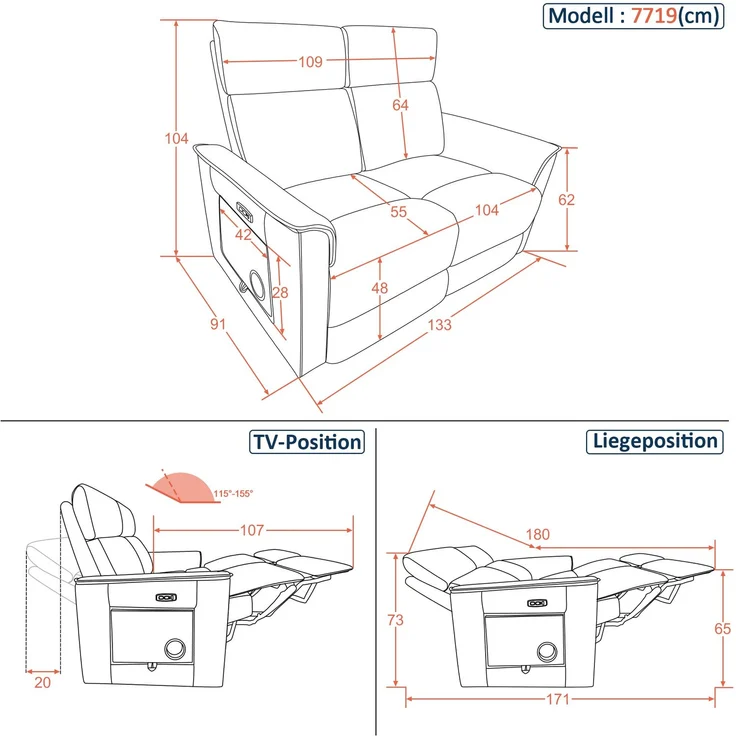 M MCombo 2 Sitzer Fernsehsessel Elektrisch Verstellbar 155°Zero-Gravity-Kinosessel mit Verstecktem Beistelltisch, 2 Sitzer Sofa mit Schlaffunktion 35D Vollschaum-Sitzkissen 7719M1 (Dunkelgrau) – Bild 3