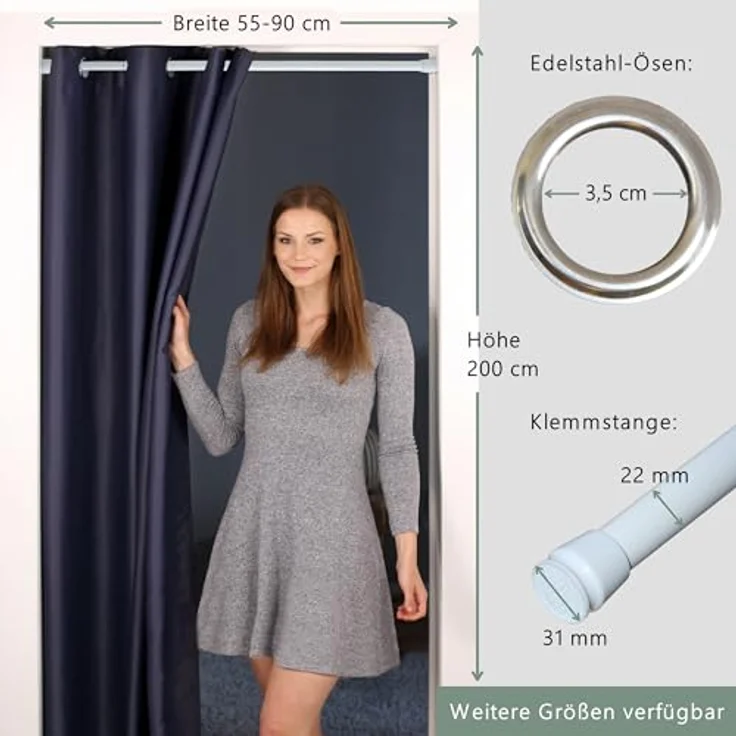 tinycurtains Türvorhang mit Stange weiß 55-90 cm ohne Bohren, Thermo Vorhang Tür, Ösen, abdunkelnd, Polyester, dunkelblau Ocean, Türgardine mit Klemmstange Raumtrenner verdunkelnd – Bild 9