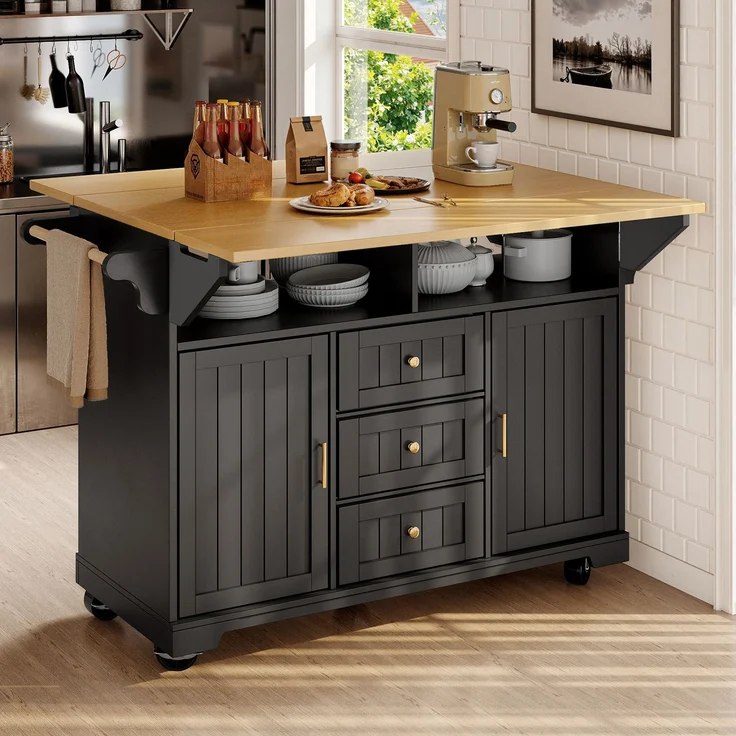 Kücheninsel, Schrank, Buffetschrank 120 x 40 (80) x 95 cm, ausziehbarer Küchenwagen mit Rollen, beidseitig ausziehbar, mit Handtuchhalter und Gewürzregal, zwei Türen, drei Schubladen, schwarz/weiß – Bild 1