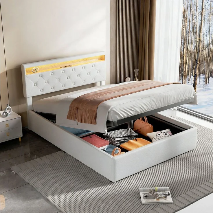 oyajia Polsterbett Doppelbett mit Steckdosen & LED Beleuchtung,Hydraulischem Stauraum (Funktionbett mit Hydraulikstange,Tragfähigkeit: 365kg, Strapazierfähig,Metallrahmen), Bettgestell mit Lattenrost,Leinenmaterial Polsterbett, ohne matratze – Bild 1