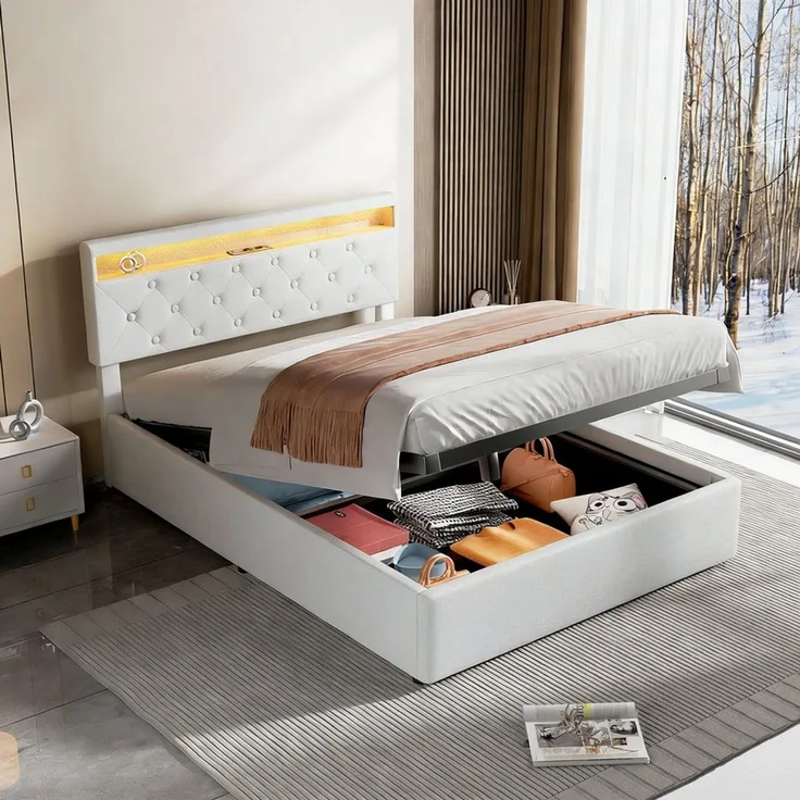 oyajia Polsterbett Doppelbett mit Steckdosen & LED Beleuchtung,Hydraulischem Stauraum (Funktionbett mit Hydraulikstange,Tragfähigkeit: 365kg, Strapazierfähig,Metallrahmen), Bettgestell mit Lattenrost,Leinenmaterial Polsterbett, ohne matratze