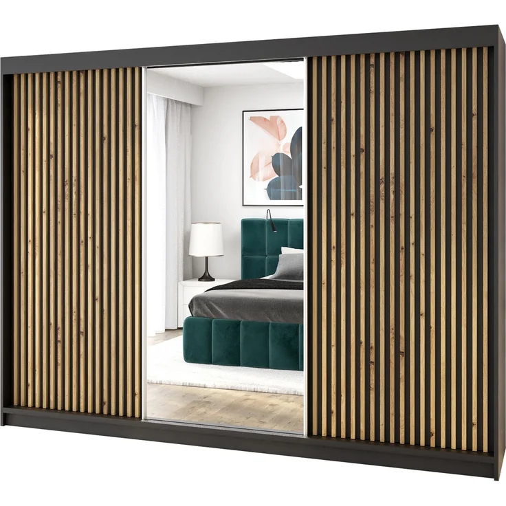 A&J MöbelLand Schwebetürenschrank FARA 200 cm, mit 4 Schubladen, Spiegel, 3D Lamellen – Bild 2