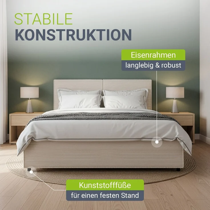 Juskys Polsterbett Salerno 140 x 200 cm – Cord Beige, modernes Bett mit Kopf- & Fußteil, stabilem Holz- & Metallrahmen, Lattenrost, 500 kg Tragkraft – Bild 6