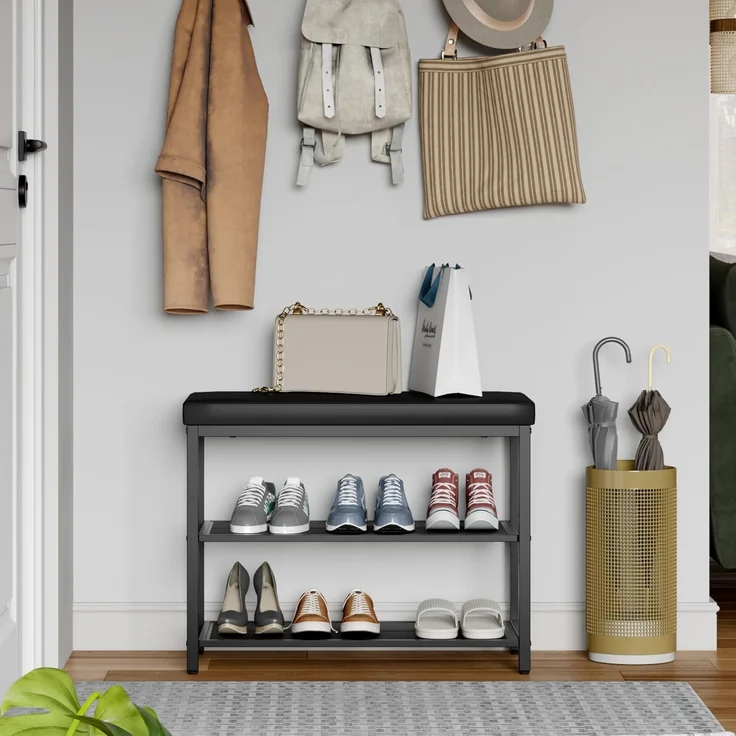 Mondeer Schuhbank mit Gepolsterter Sitzfläche, Schuhregal mit 2 Gitterablagen Höhenverstellbar Platzsparend Industriestil, für Eingang Flur Schlafzimmer, 60 x 30 x 50 cm, Schwarz – Bild 6