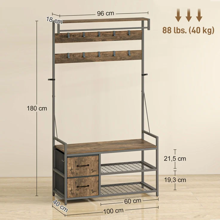 MELAYR, Schuhregal mit doppeltem Schuhregal, 10 verstellbaren Haken, 100 x 40 x 180 cm, rustikales Braun, Rustikalbraun – Bild 5