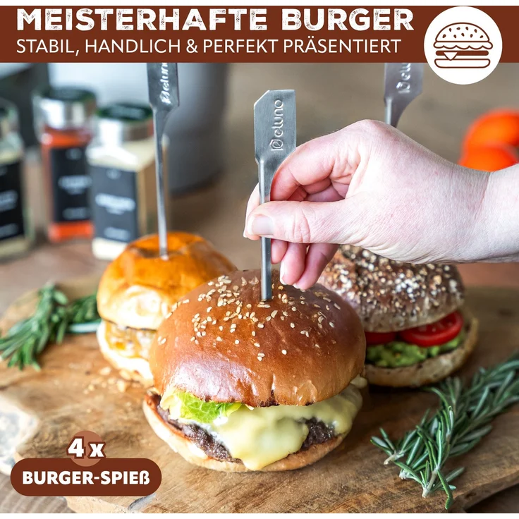 Burger-Spieße 4er Set - 19 cm Länge - geeignet für Burger Sandwiches, Schaschlik und Früchte, aus hochwertigem Edelstahl – Bild 2