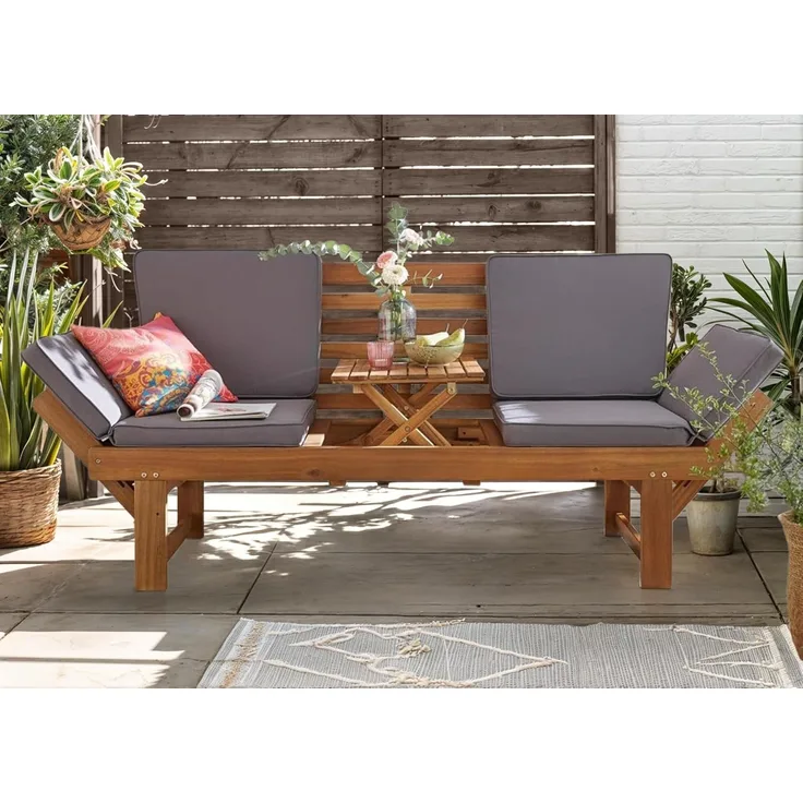 Wohnando Sitzbank Gartenbank "Monte" 202x 67x87cm (BxTxH), massives Akazienholz, FSC (1-St), braun, graue Sitzauflage, ausklappbarer Tisch, umklappbare Seitenteile