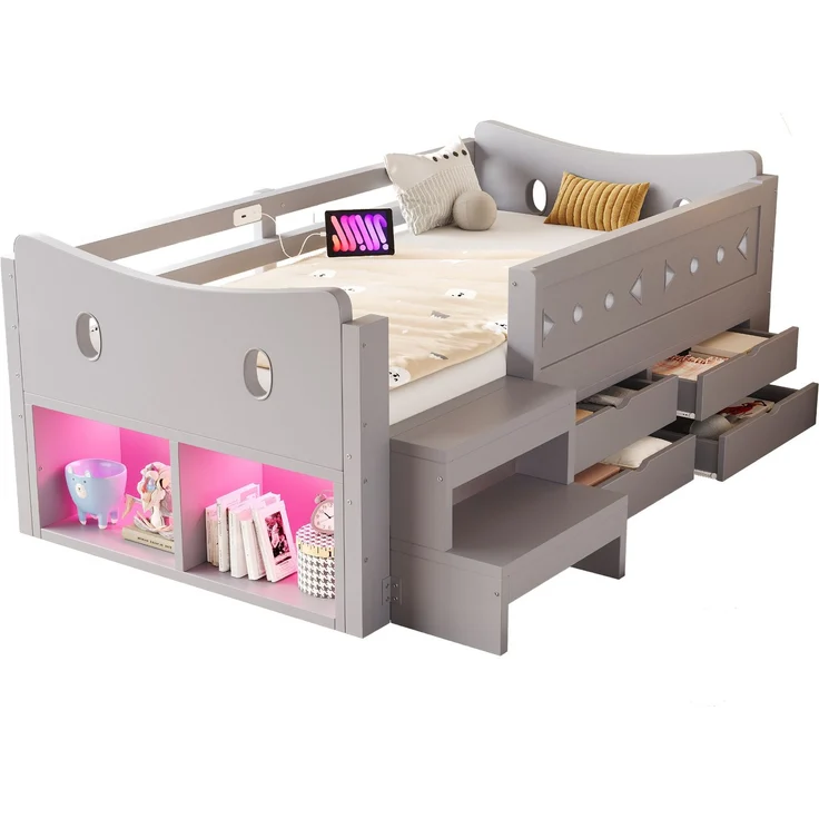 Kinderbett 90×200 cm mit Sicherheitsgittern, Stauraum und LED, Grau, ohne Matratze – Bild 9