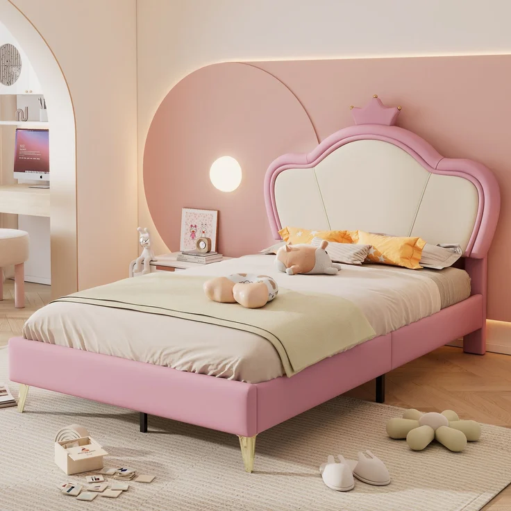 Polsterbett 207x95,5x112 mit Kunstleder-Bezug, Kopfteil mit Krone und weichen Schutzkanten, für Liegefläche 90x200, rosa – Bild 1