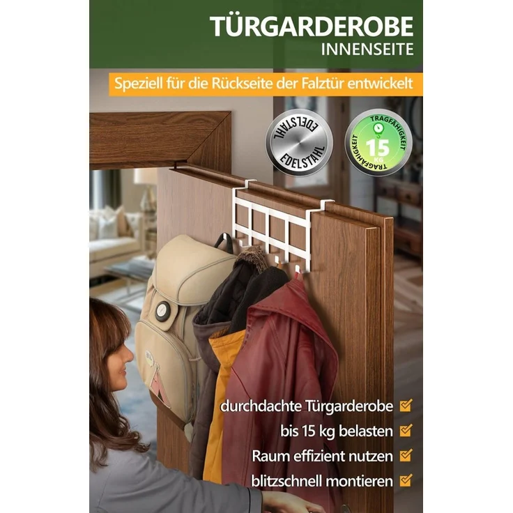Aurelia Home Türhaken Türgarderobe für die Falztürinnenseite, Edelstahl, 5 Haken, 31,7 cm, Türen, (Packung, 1-St, 1), Ohne Bohren, stabil, langlebig, rostfrei, formbeständig – Bild 2