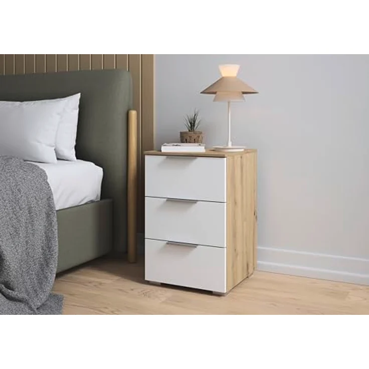 Rauch Möbel Alabama, Nachttisch-Paar für Schlafzimmer, Kinderzimmer, Gästezimmer, mit je 3 Schubladen, Soft-Close-Funktion, Farbe Weiß/Eiche Artisan, Holz, Griff Alufarben, Maße 40x61x42cm – Bild 2