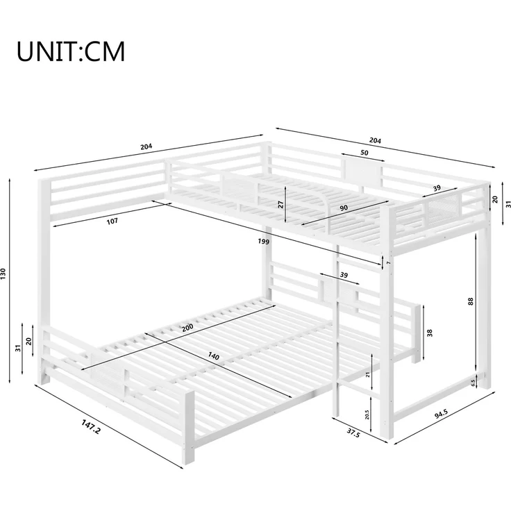 L-förmiges Metall-Etagenbett 90x200 über 140x200, Weiß – Bild 6