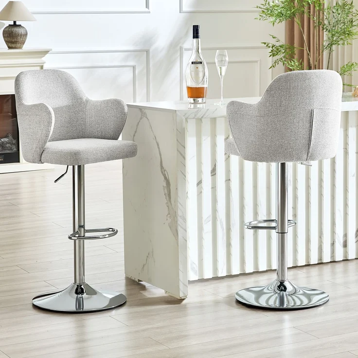 Verstellbares Barhocker-Set (2er-Set), moderne gepolsterte Barhocker mit Armlehnen, um 360° drehbar, höhenverstellbar, geeignet für die Bar zu Hause und für Restaurants--Hellgrau2--45x37.6x118cm--YOUDENOVA – Bild 1