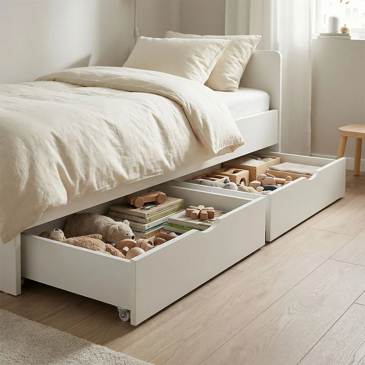 2 Schubläden Bett Bettkästen Auszug Aufbewahrung mit Rollen Holz Weiß Schubkästen – Bild 2