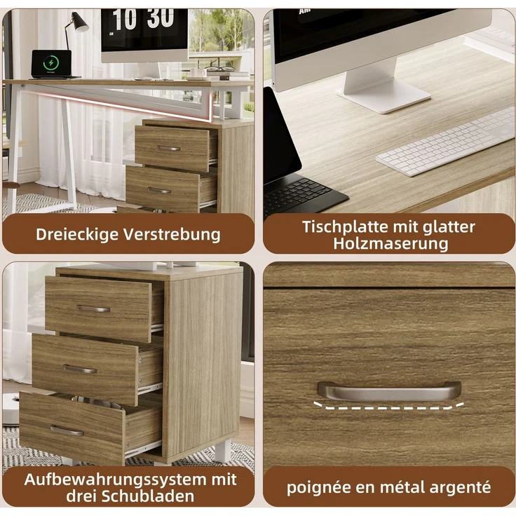 Schreibtisch mit MDF-Platte, 3 Schubladen, 130x55x75 cm, Naturholzfarben/Weiß – Bild 7