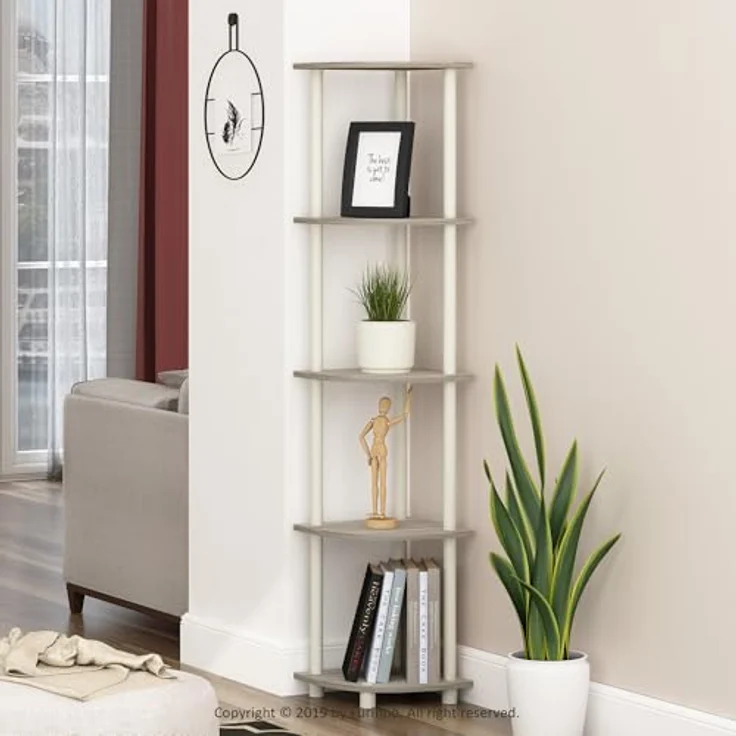 Furinno Eckregal mit 5 Ebenen, Mehrzweckregal, holz, Sonoma Eiche/Weiß, 29. 46x29. 46x146. 56 cm – Bild 3