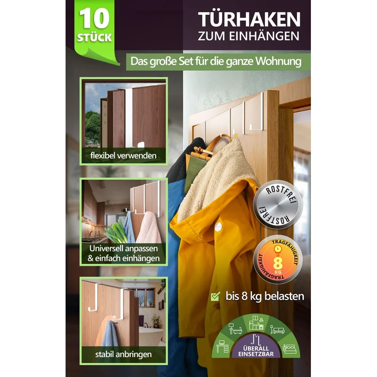 Aurelia Home Türhaken zum Einhängen, 10er-Set, Weiß – ohne Bohren, bis 8 kg – Bild 2