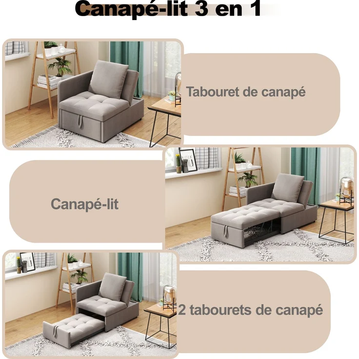 1-Sitzer Schlafsofa 177 x 68 x 65 cm, aus Leinenstoff mit 5-fach verstellbarer Rückenlehne – Bild 7