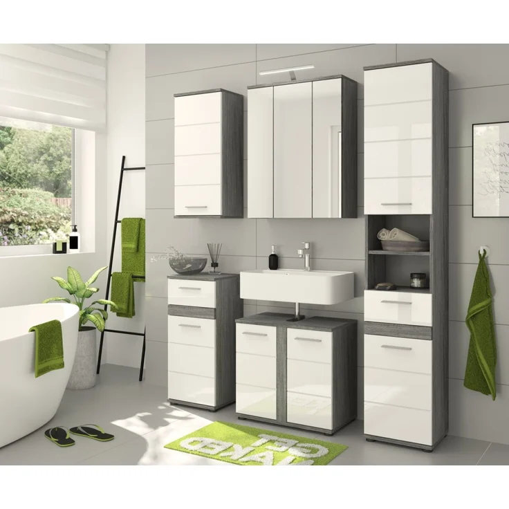 Waschbeckenunterschrank Bailey in weiß Hochglanz und grau 60 cm – Bild 6